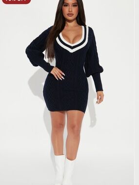 Fashion Nova Navy Varsity Girl Sweater Mini Dress with Contrast V-Neck